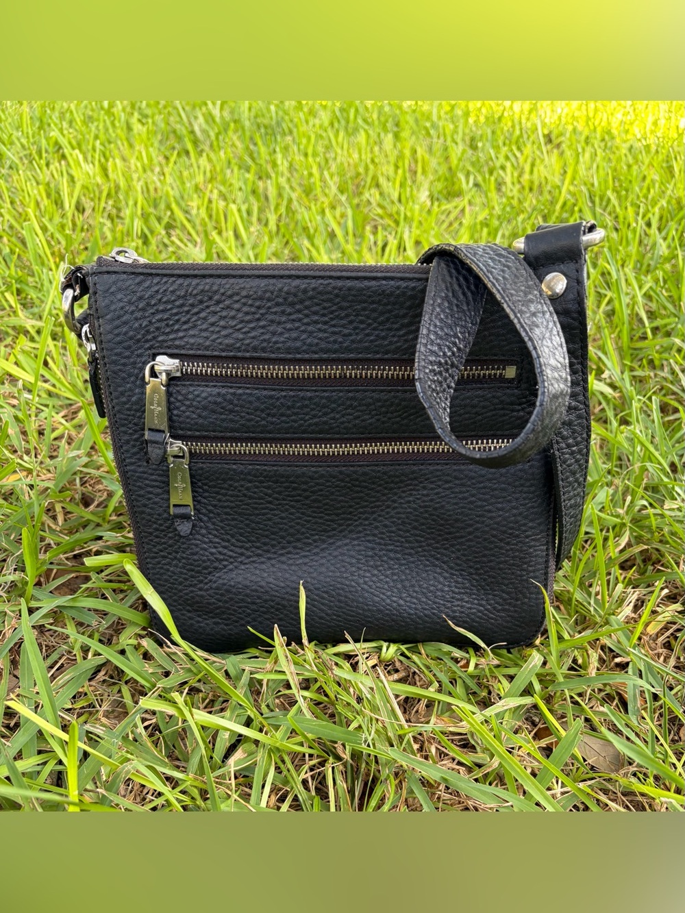 Cole Haan Black Pebbled Leather Crossbody with Dual Zip Fronts